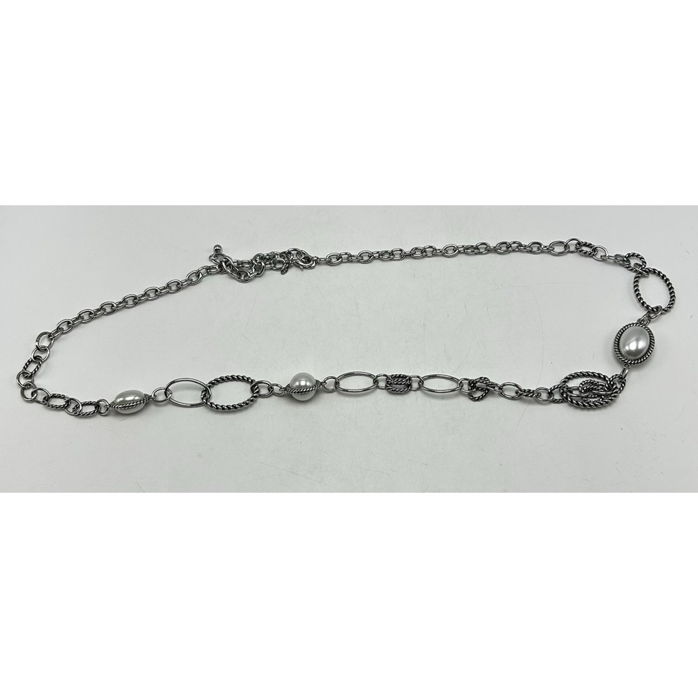 Premier Designs Chain Belt Long Silver Tone Link Faux Pearl Necklace Hooks 29-39
